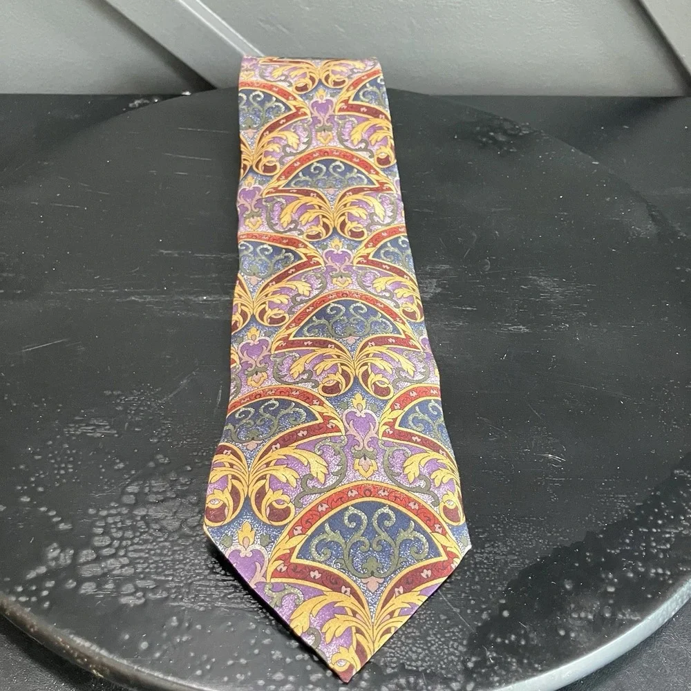 Valentino Cravatte Silk Necktie Baroque Scroll Medallion Multicolor Designer